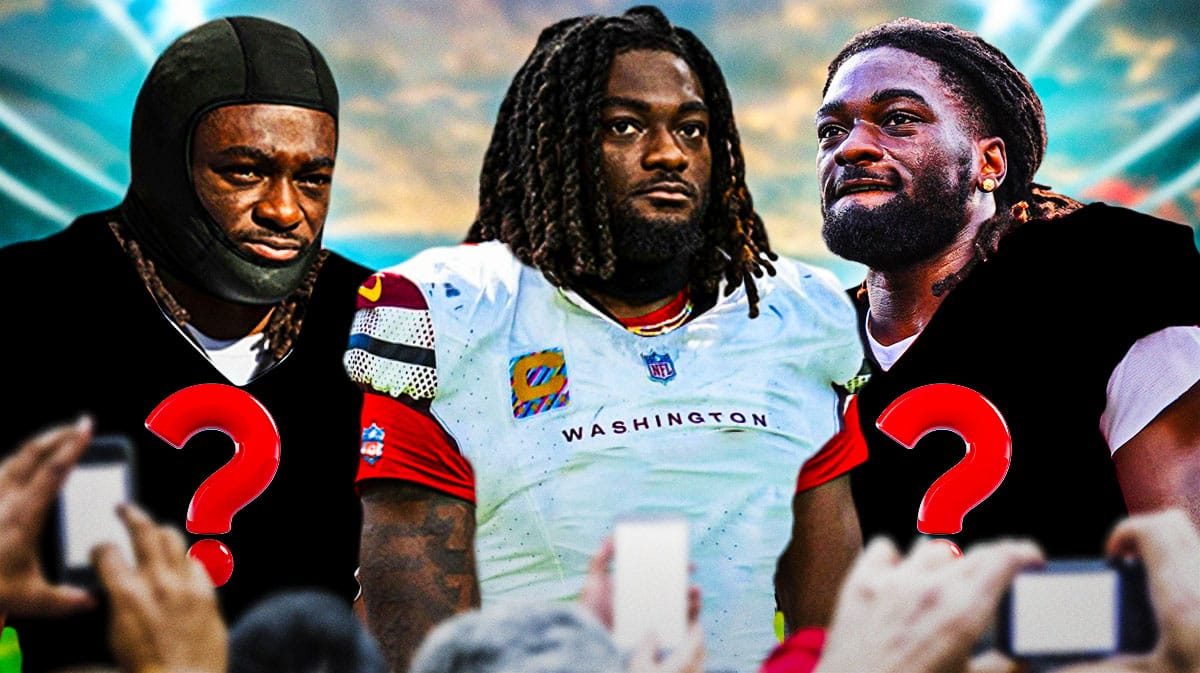 3 identical pics of 49ers Brandon Aiyuk. The one in the center with a Commanders jersey on. The ones on the right and left in blank white jerseys with question marks on both.