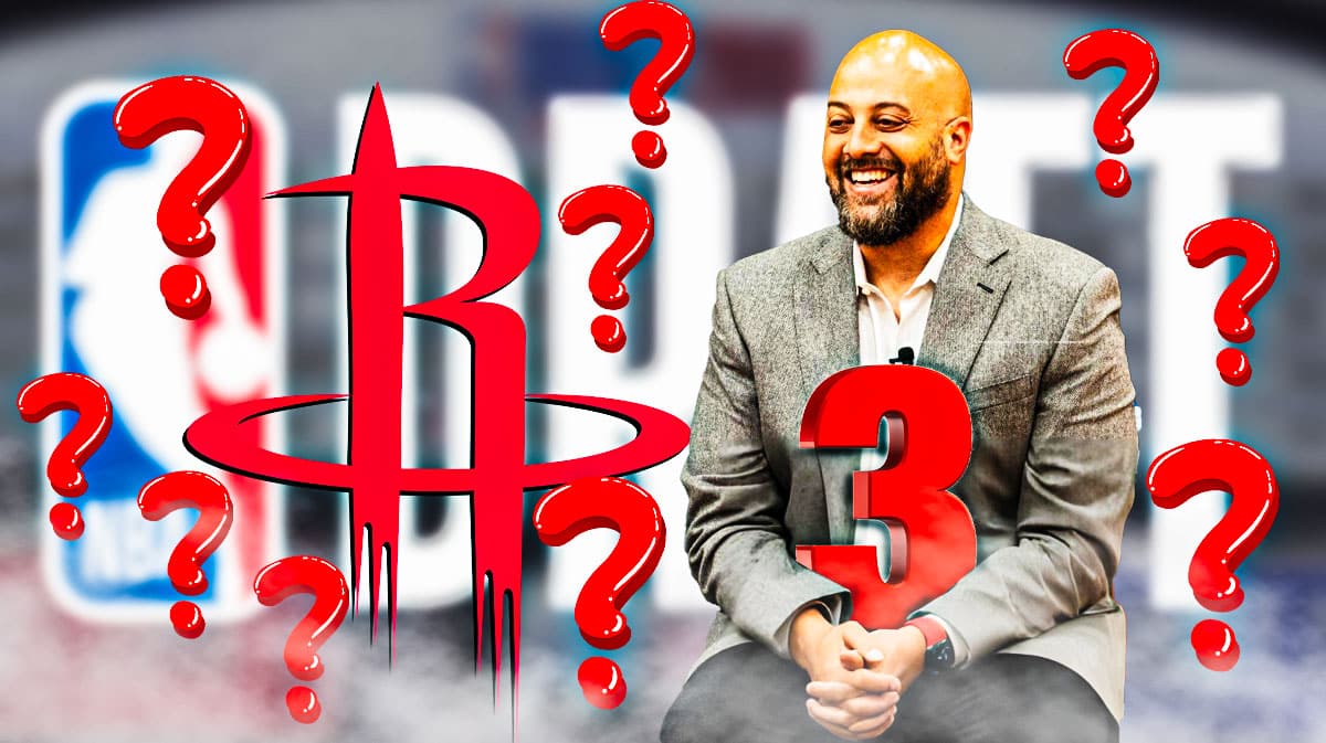 Rockets GM Rafael Stone holding a big number "3", question marks all around, Rockets logo, NBA draft background