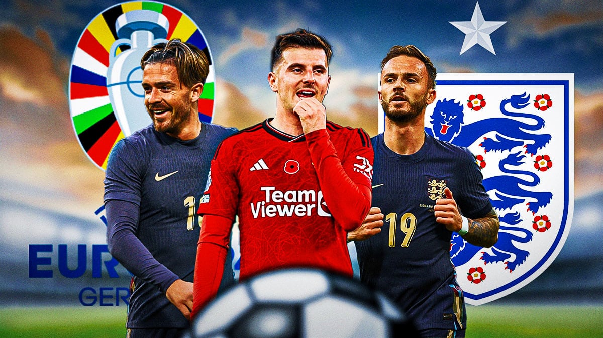 James Maddison, Mason Mount, Jack Grealish in front of the Euro 2024 logo and England team logo