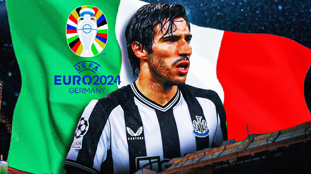 Sandro Tonali in front of the Italian flag and the Euro 2024 logo