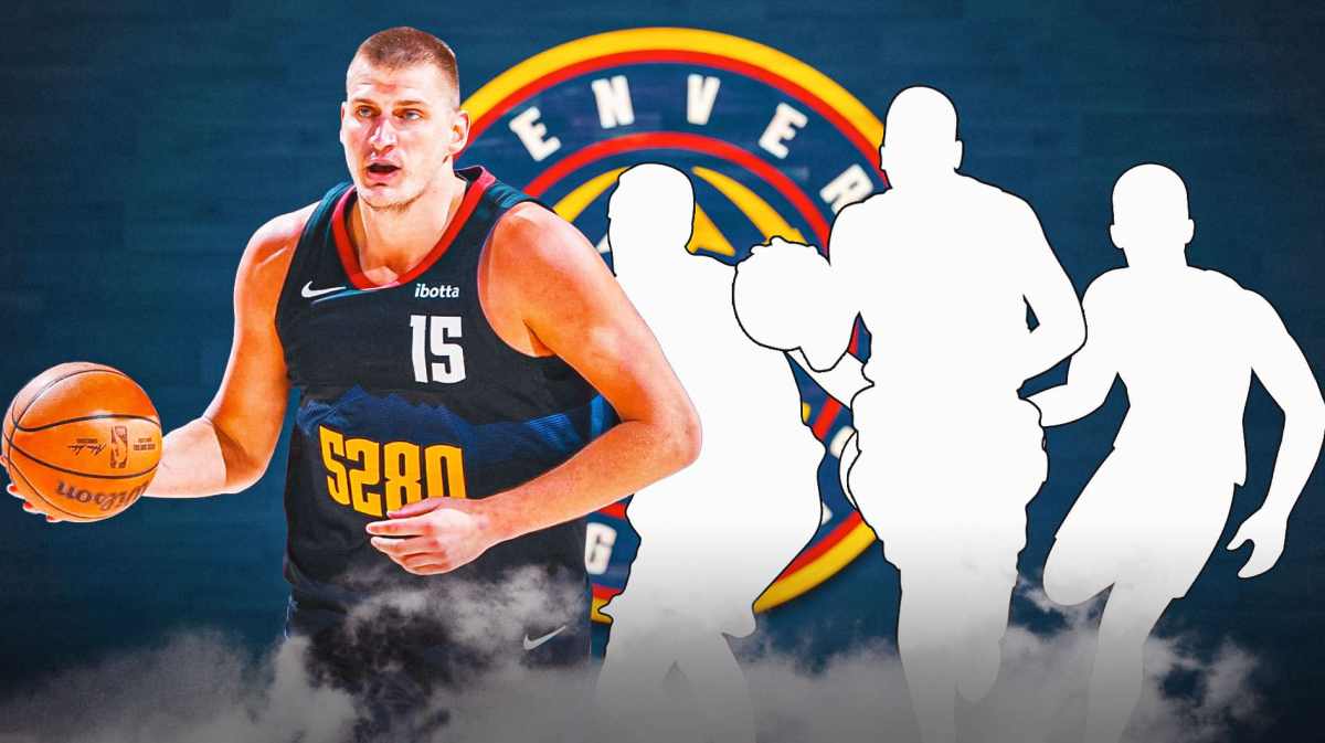 Nikola Jokic in the middle, Three mystery players around him, and Denver Nuggets wallpaper in the background