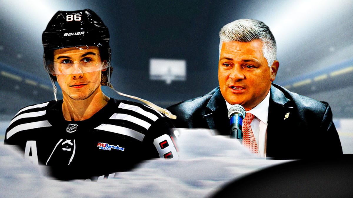 New Jersey Devils head coach Sheldon Keefe with star forward Jack Hughes and the Prudential Center as the background image.