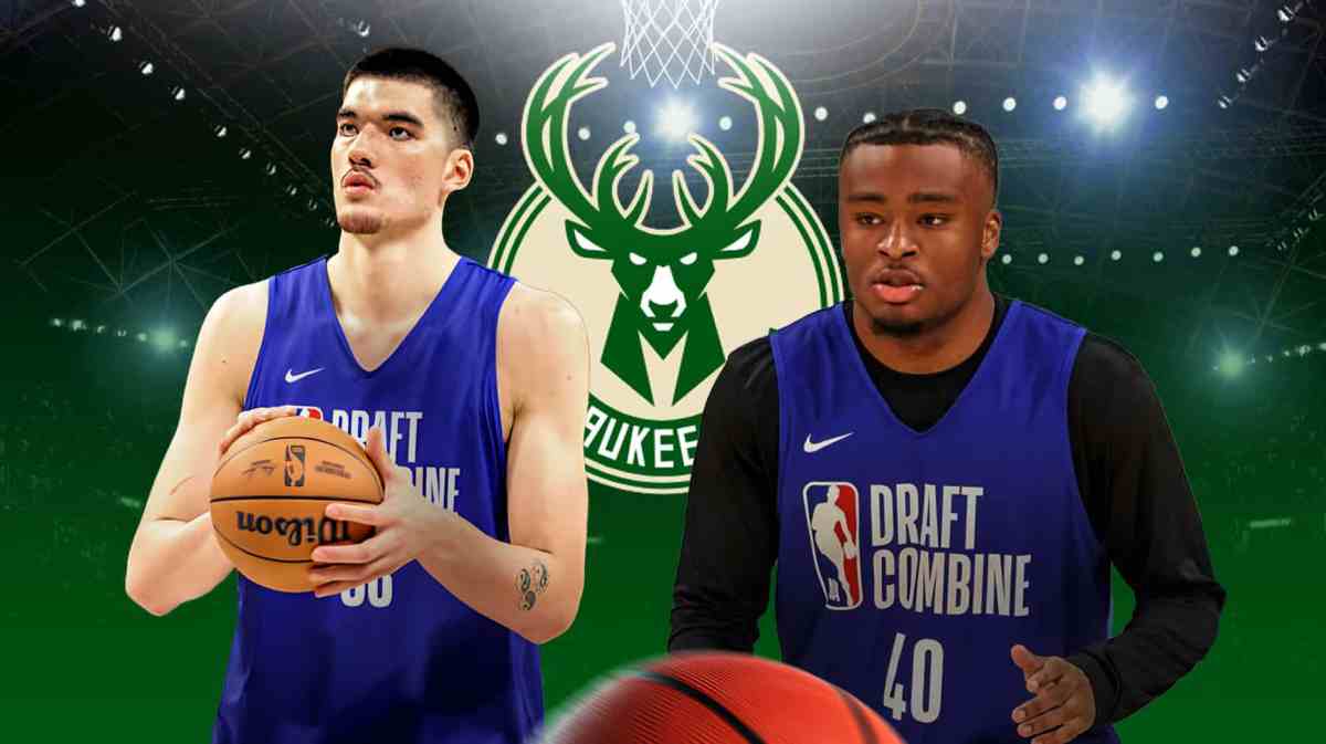 Bucks, Zach Edey and Isaiah Collier in NBA Combine gear with a Bucks logo in the center
