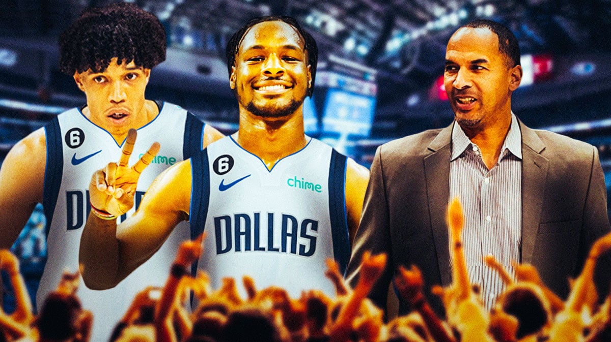 Bronny James, Enrique Freeman both in Mavericks uniforms. Mavericks GM Nico Harrison in background.
