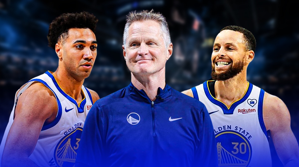Steph Curry, Steve Kerr and Trayce Jackson-Davis with the Warriors arena in the background, NBA Draft pick
