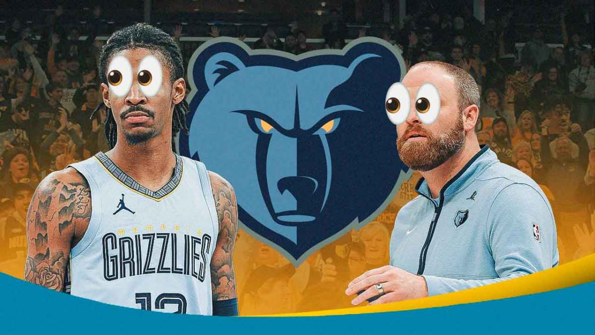 Ja Morant and Taylor Jenkins with emoji eyes in their eyes next to a Grizzlies logo