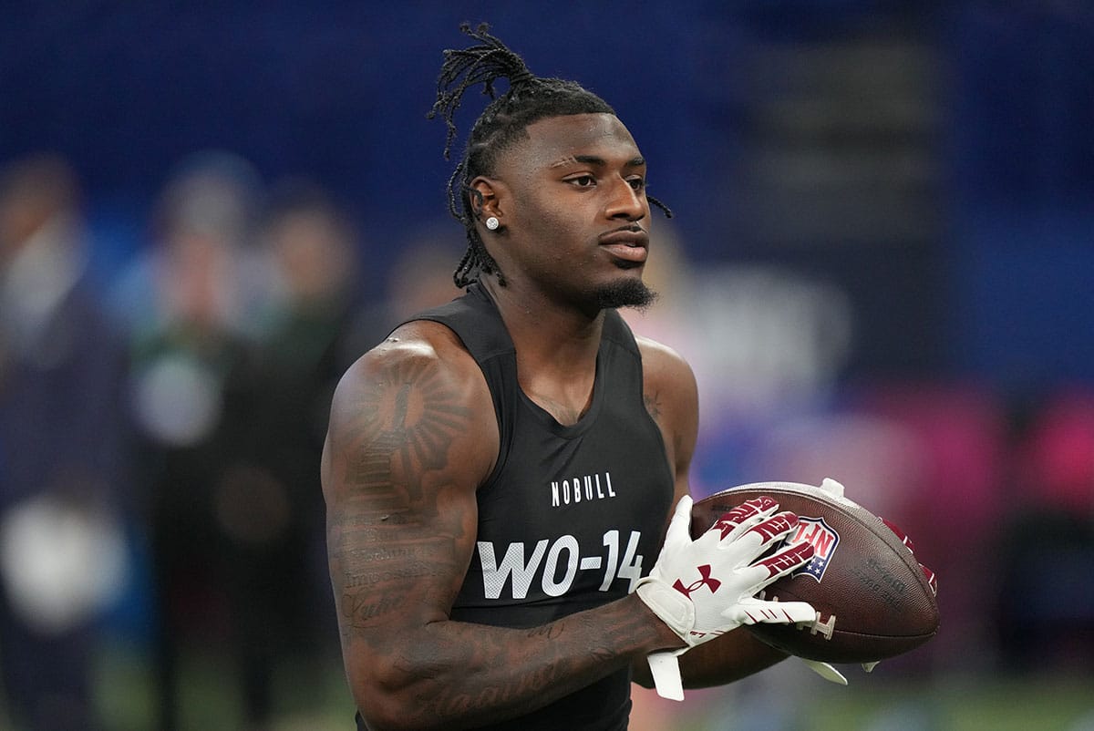 Mar 2, 2024; Indianapolis, IN, USA; South Carolina wide receiver Xavier Legette (WO14) during the 2024 NFL Combine at Lucas Oil Stadium.