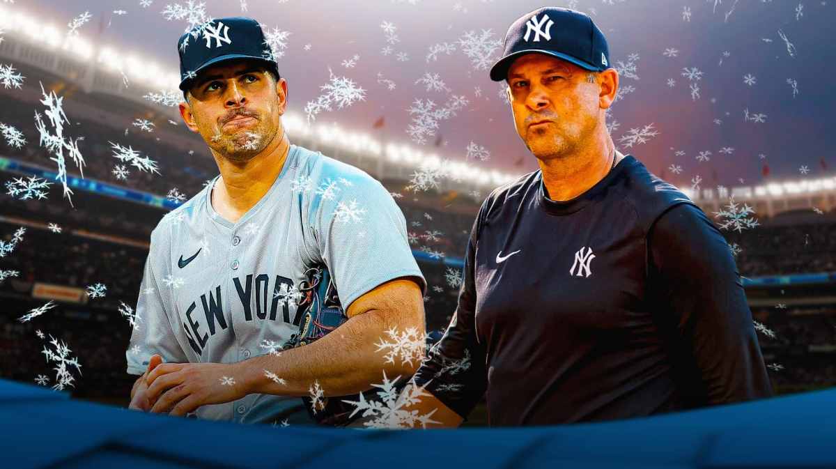 Yankees' Carlos Rodon with snowflake symbols all over him to signify that he's ice cold, with Aaron Boone looking on in frustration