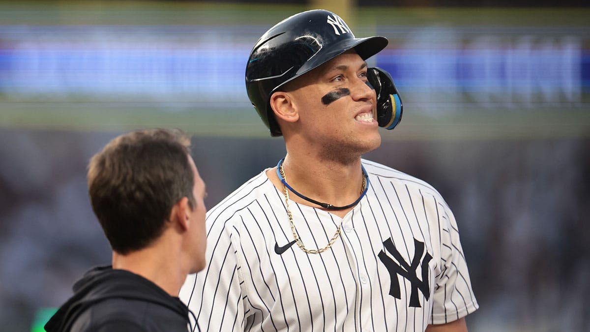 New York Yankees center fielder Aaron Judge (99) reacts after being hit by a pitch during the third inning against the Baltimore Orioles at Yankee Stadium.
