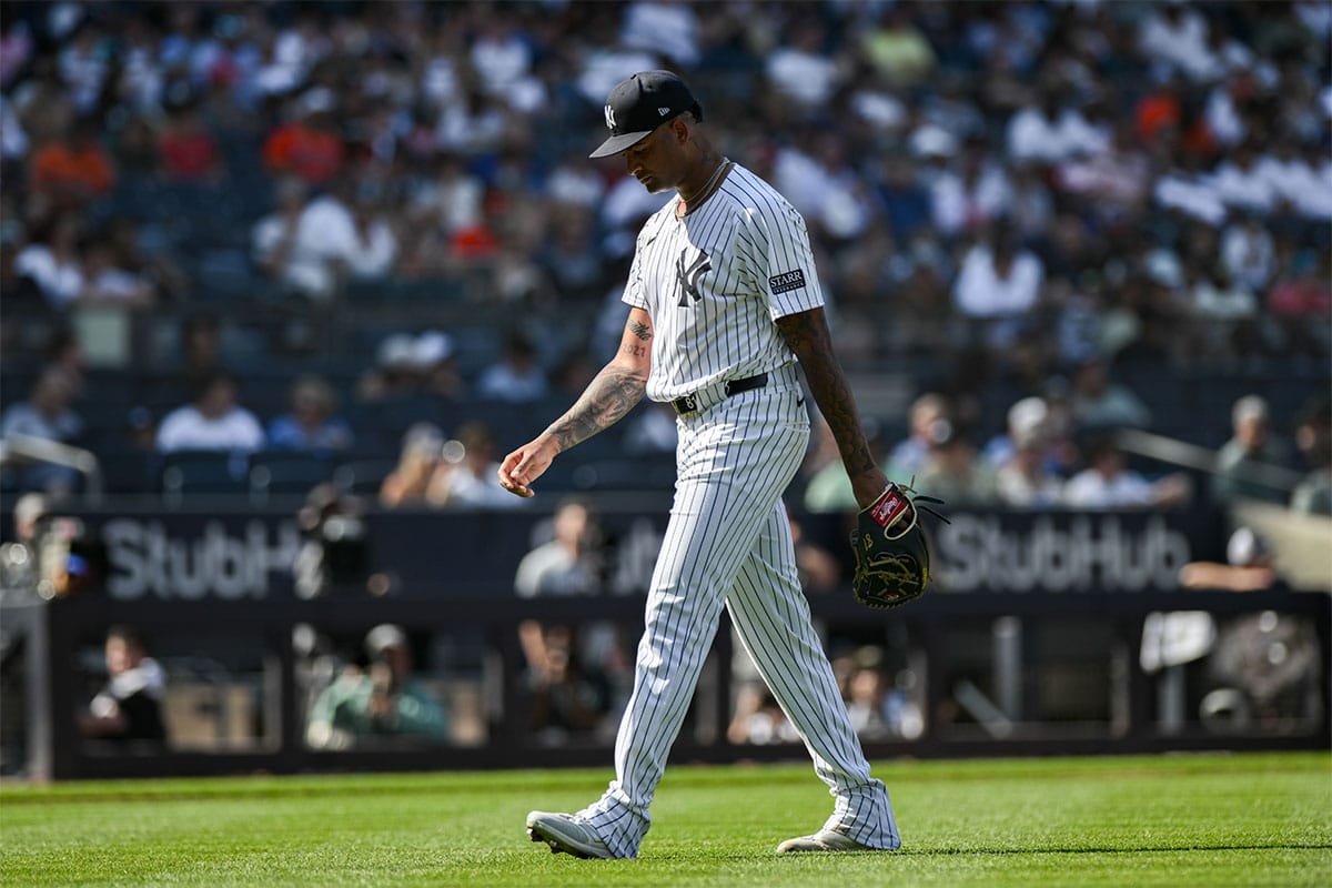 New York Yankees pitcher Luis Gil (81) leaves the mound during the second inning against the Baltimore Orioles at Yankee Stadium