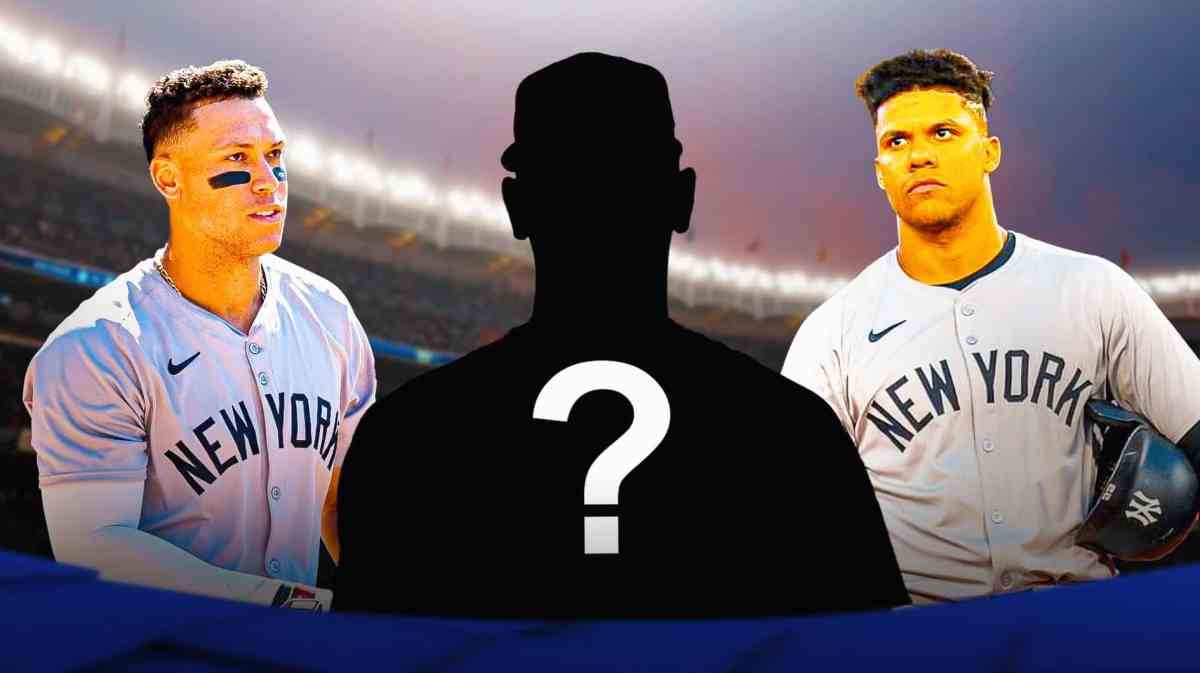 Yankees' Aaron Judge and Juan Soto looking at silhouette of Anthony Misiewicz, with question mark over the silhouette