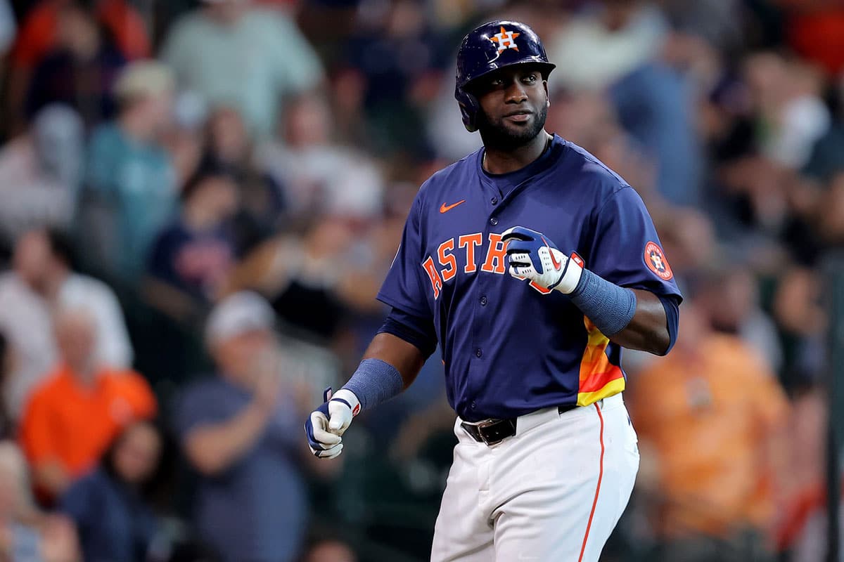 Houston Astros designated hitter Yordan Alvarez (44) crosses home plate after hitting a home run against the Minnesota Twins during the fifth inning at Minute Maid Park.