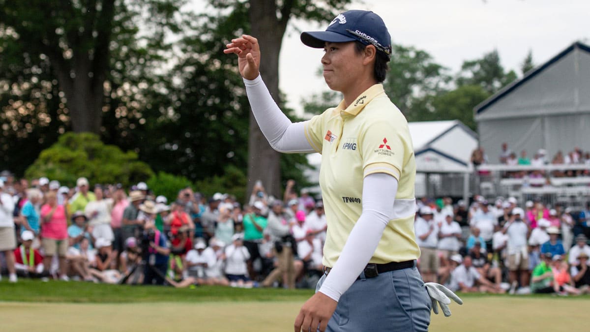 Yuka Saso (JPN) reacts after winning the U.S. Women's Open golf tournament at Lancaster Country Club.