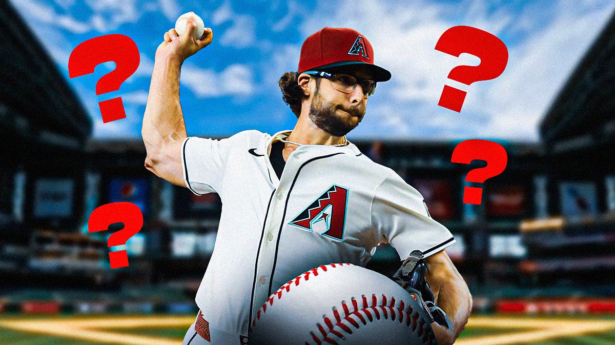 Diamondbacks Zac Gallen pitching a baseball on left. Question mark on right. Chase Field background.