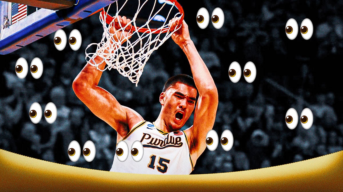 Zach Edey dunking a basketball. Place the eyes emoji all over image