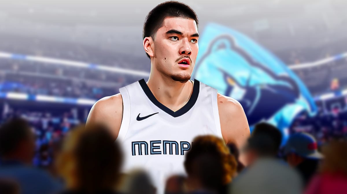 Zach Edey in a Grizzlies jersey with the Grizzlies arena in the background, NBA Draft
