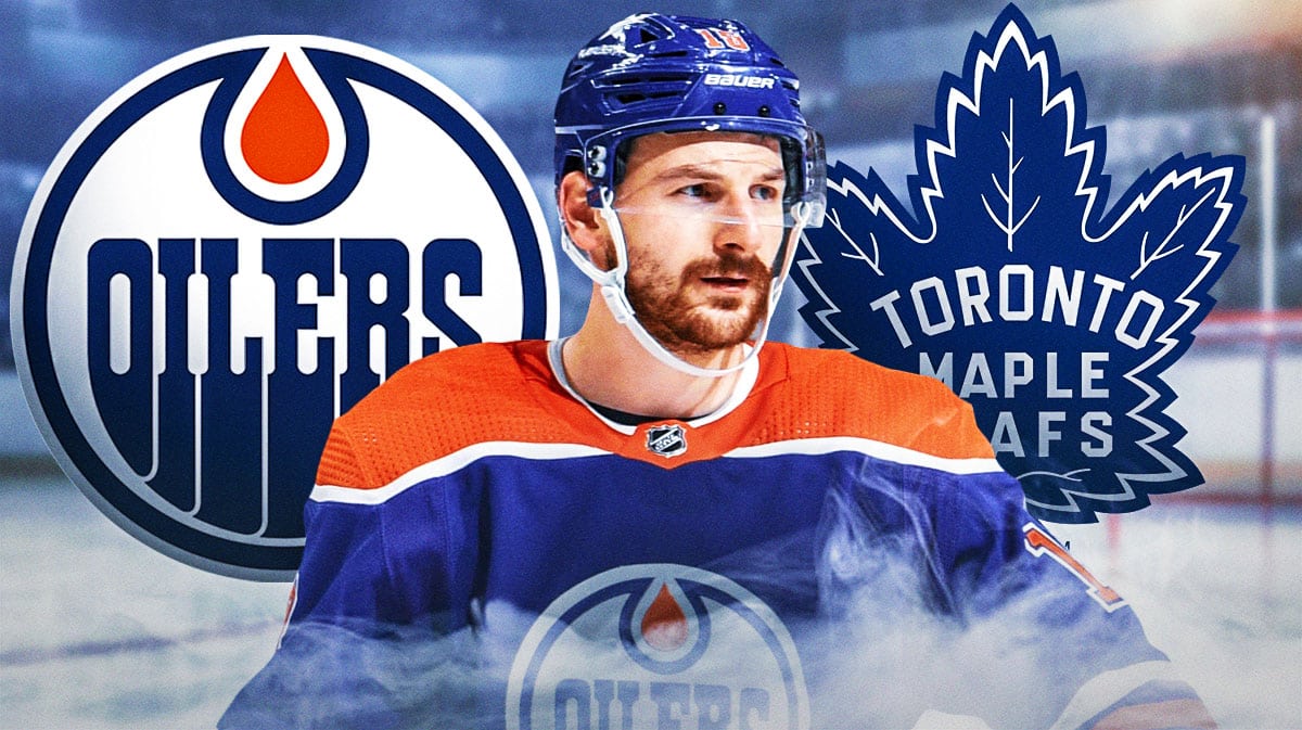 Oilers winger Zach Hyman stands next to Maple Leafs logo before Stanley Cup Final vs. Panthers