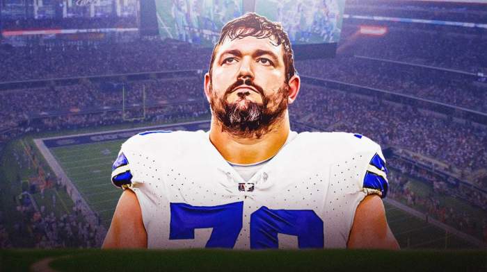 Dallas Cowboys star Zack Martin in front of AT&T Stadium.