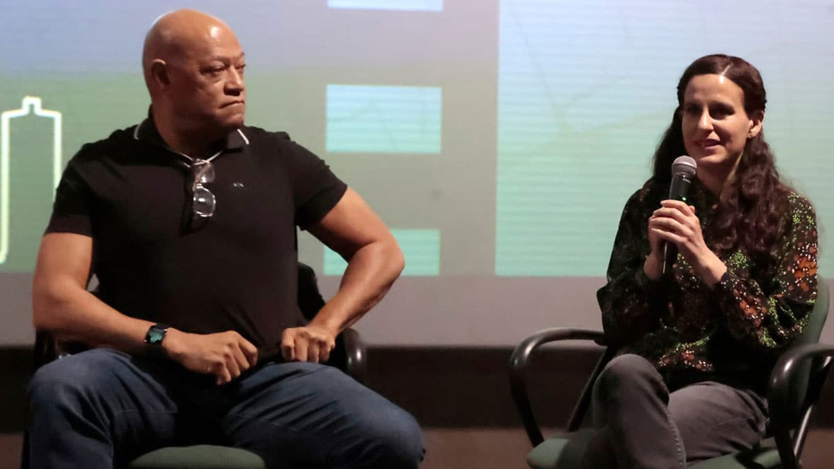 (L to R) Actor and executive producer Laurence Fishburne listens as Laura Checkoway, the director of \"The Cave of Adullam,\" talks about her documentary during the Michigan premiere at the Michigan Science Center Toyota Engineering Theater in Detroit on Saturday, April 29, 2023.