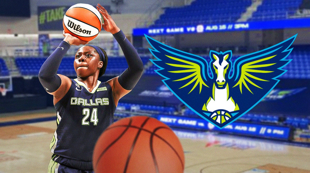 Dallas Wings Arike Ogunbowale shooting a basketball on left. Place the Dallas Wings' 2024 logo on right.