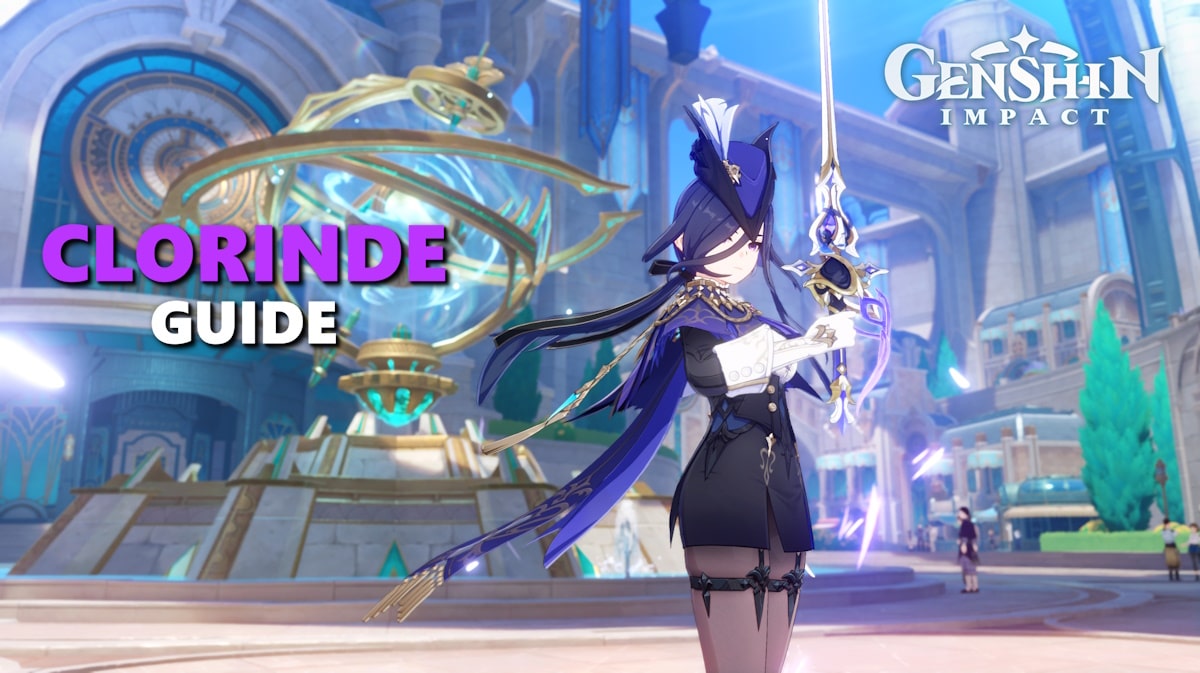 clorinde build, clorinde genshin impact, clorinde, clorinde weapon, clorinde artifacts, a screenshot of clorinde with the genshinn impact logo on one corner and the words clorinde guide to the side