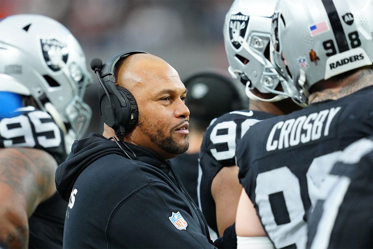 Las Vegas Raiders head coach Antonio Pierce is on the sideline during a game against the Denver Broncos during the first quarter at Allegiant Stadium