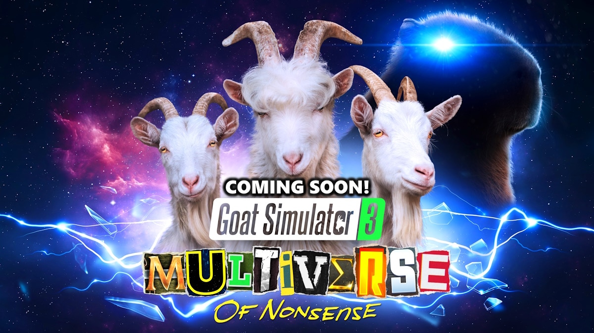 goat simulator 3 dlc, multiverse nonsense dlc, goat simulator 3 multiverse nonsense, multiverse of nonsense, goat simulator 3, keyart for the goat simulator multiverse of nonsense dlc with the cords coming soon above the game title