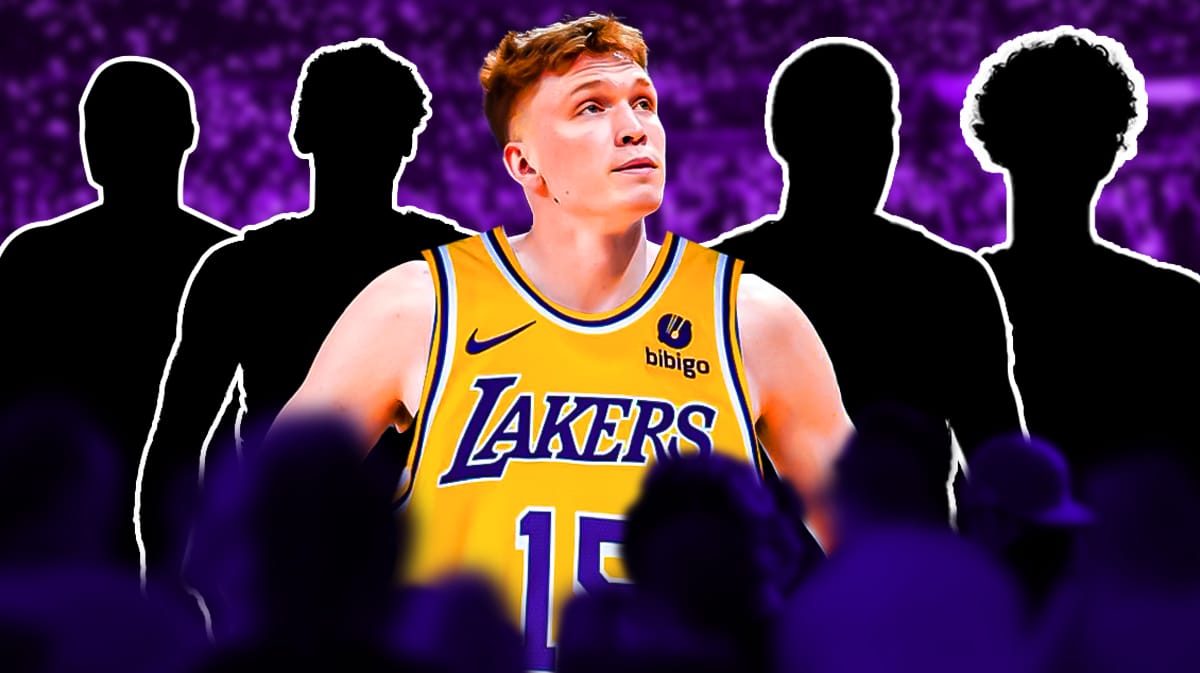 2024 NBA draft first-round sleepers Dalton Knecht in a Lakers jersey and four basketball player silhouettes around him
