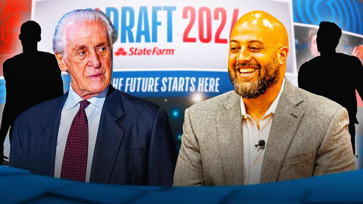 Rockets GM Rafael Stone, Heat GM Pat Riley surrounded by silhouette of Victor Wembanyama and silhouette of Dalton Knecht - NBA Draft background
