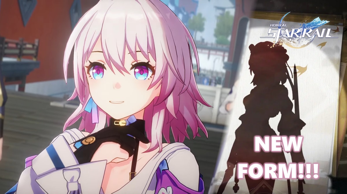 march 7th new form, hsr march 7th, honkai march 7th new, march 7th new, march 7th, an image of March 7th and a silhouette with the hsr logo in one corner and the words new form below
