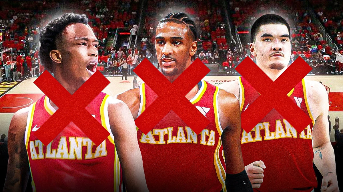 Photo: Ron Holland, Alex Sarr, Zach Edey all in Hawks jerseys with Xs through them