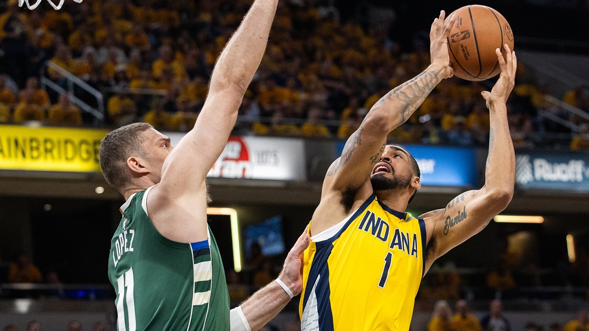 May 2, 2024; Indianapolis, Indiana, USA; Indiana Pacers forward Obi Toppin (1) shoots the ball while Milwaukee Bucks center Brook Lopez (11) defends during game six of the first round for the 2024 NBA playoffs at Gainbridge Fieldhouse. Mandatory Credit: Trevor Ruszkowski-USA TODAY Sports