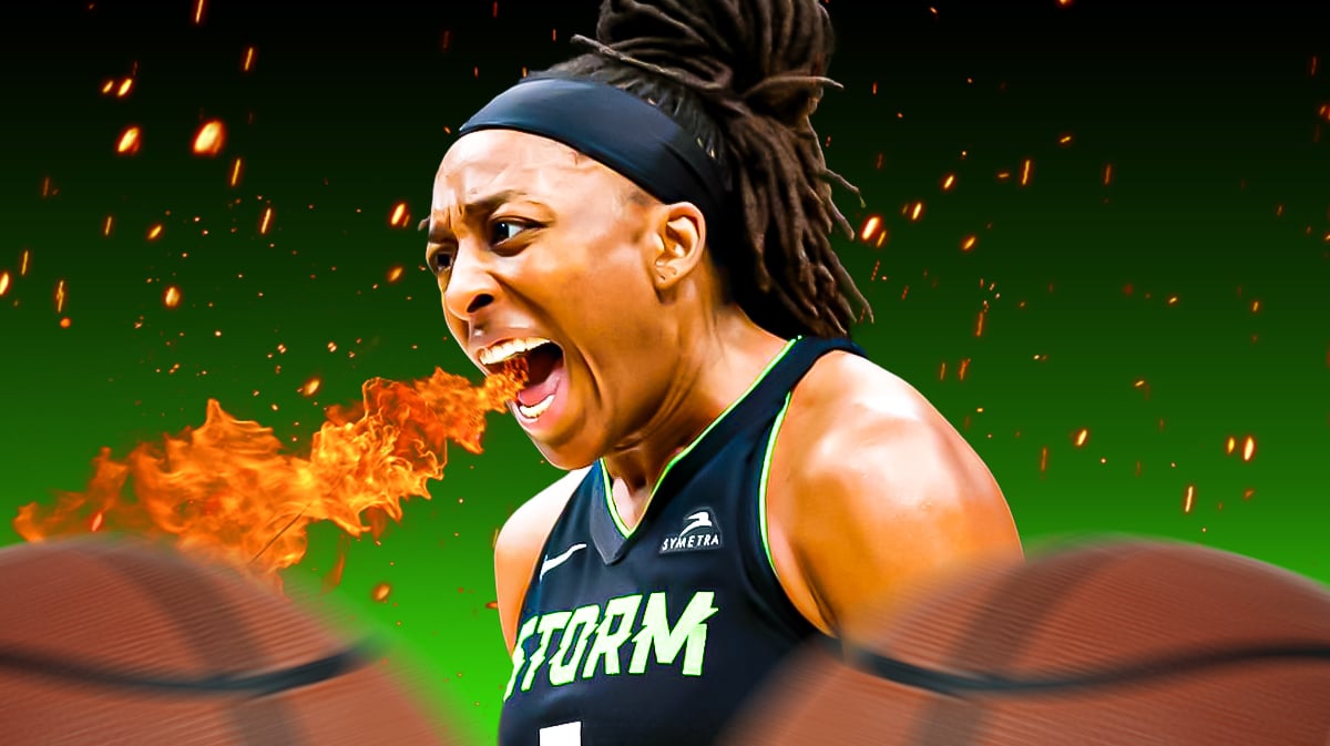 Seattle Storm player Nneka Ogwumike as if she is breathing fire with flames all around her, and basketballs