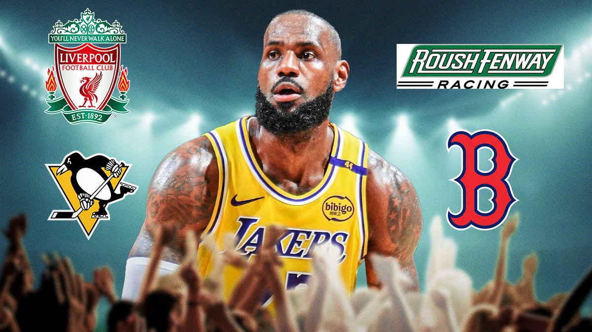LeBron James with logos of sports teams he owns.