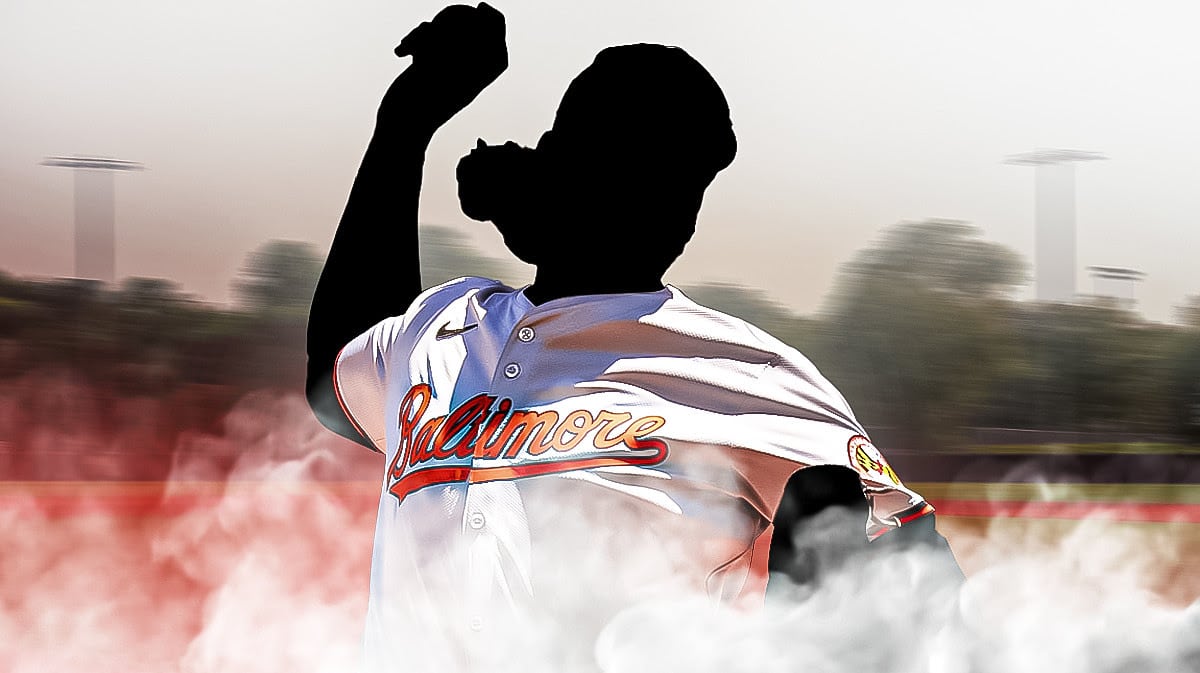 Silhouette of a pitcher in an Orioles jersey.