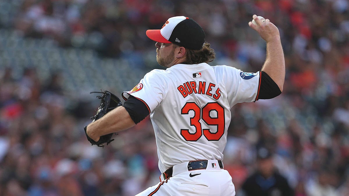 Baltimore Orioles pitcher Corbin Burnes (39) delivers in the second inning against the Texas Rangers at Oriole Park at Camden Yards.