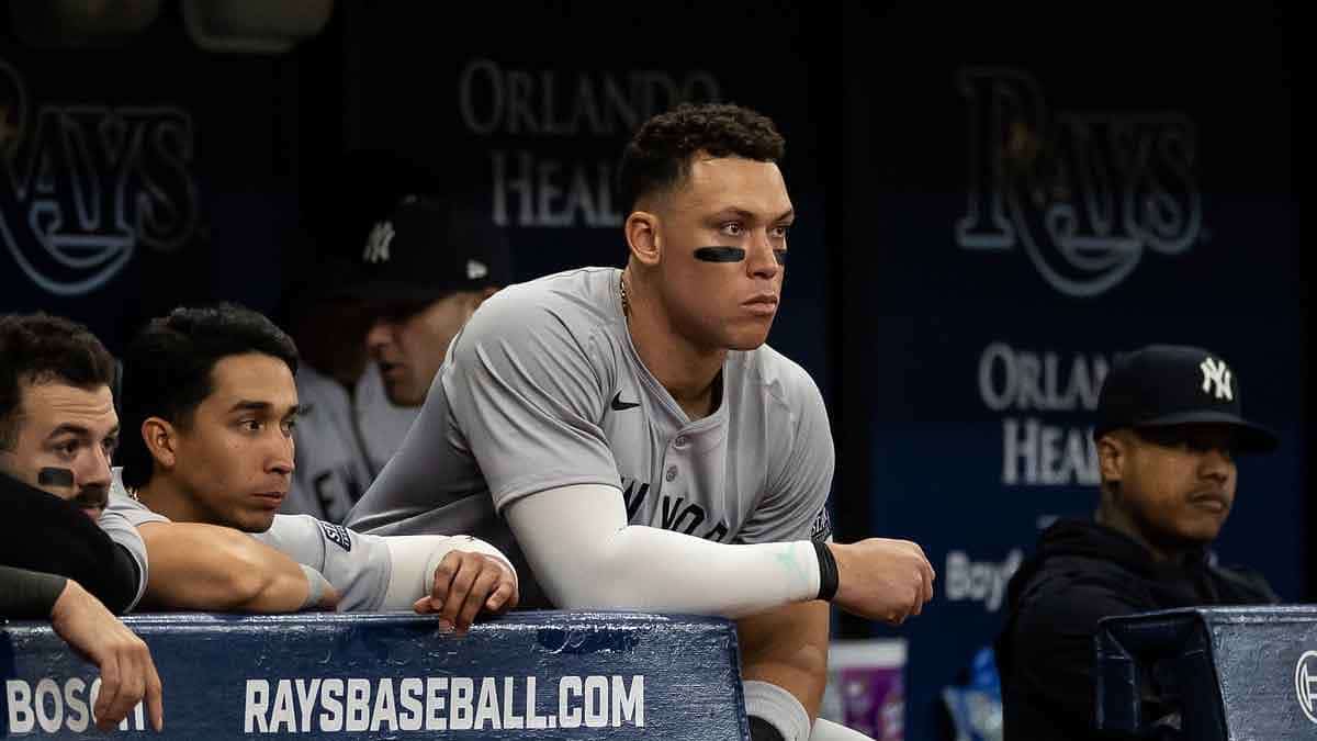 New York Yankees outfielder Aaron Judge (99) looks on from the dugout during the eighth inning against the Tampa Bay Rays at Tropicana Field.
