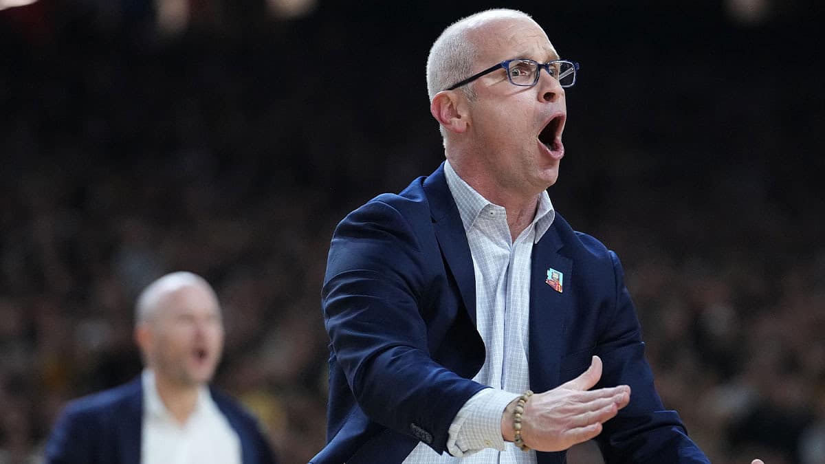 Connecticut Huskies head coach Dan Hurley shouts during the Men's NCAA national championship game against the Purdue Boilermakers at State Farm Stadium in Glendale on April 8, 2024.