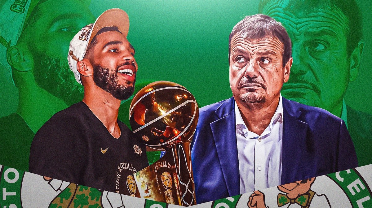 Jayson Tatum with Larry O'Brien Trophy and Panathinaikos head coach Ergin Ataman
