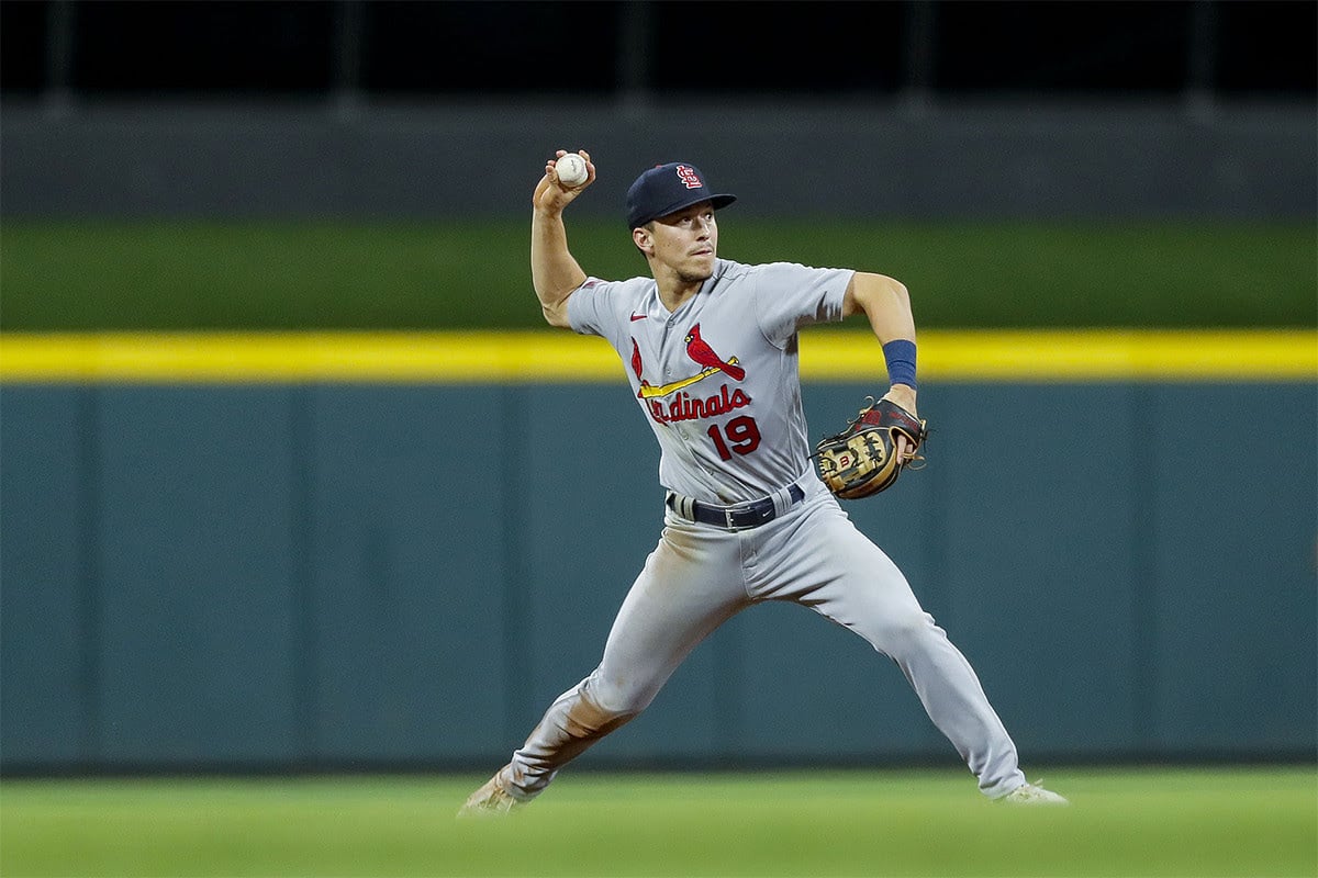 St. Louis Cardinals shortstop Tommy Edman (19) throws to first to get Cincinnati Reds third baseman Noelvi Marte (not pictured) out in the seventh inning at Great American Ball Park.