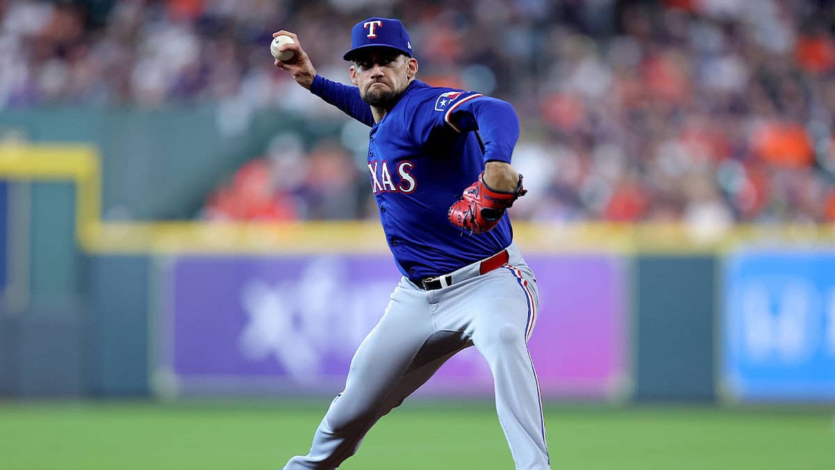 Texas Rangers starting pitcher Nathan Eovaldi (17) delivers a pitch against the Houston Astros during the first inning at Minute Maid Park.