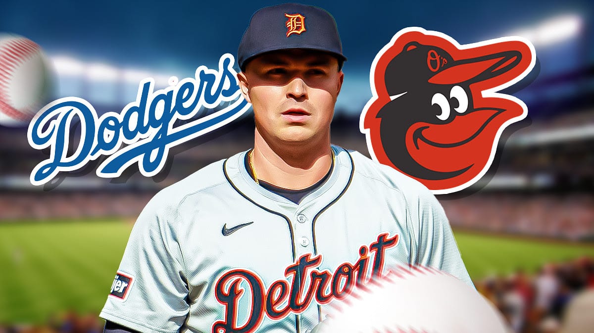 Tarik Skubal with a Dodgers logo and Orioles logo