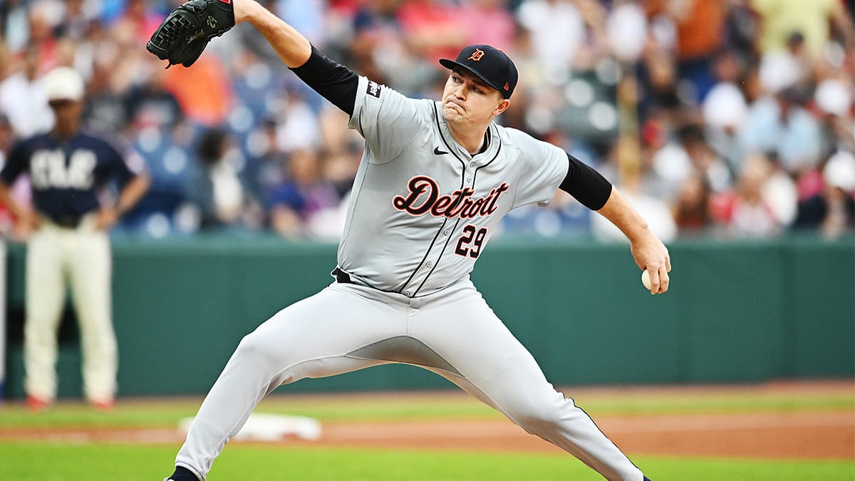 Detroit Tigers starting pitcher Tarik Skubal (29) throws a pitch during the first inning against the Cleveland Guardians at Progressive Field.