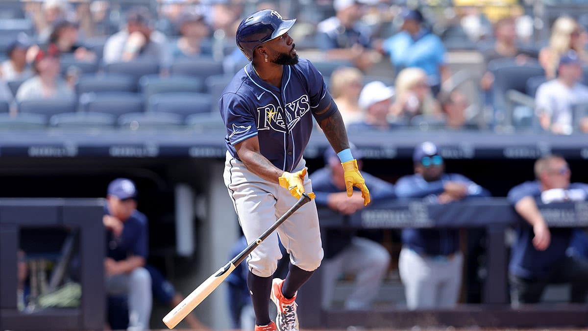 Tampa Bay Rays left fielder Randy Arozarena (56) watches his two run home run against the New York Yankees during the seventh inning at Yankee Stadium.