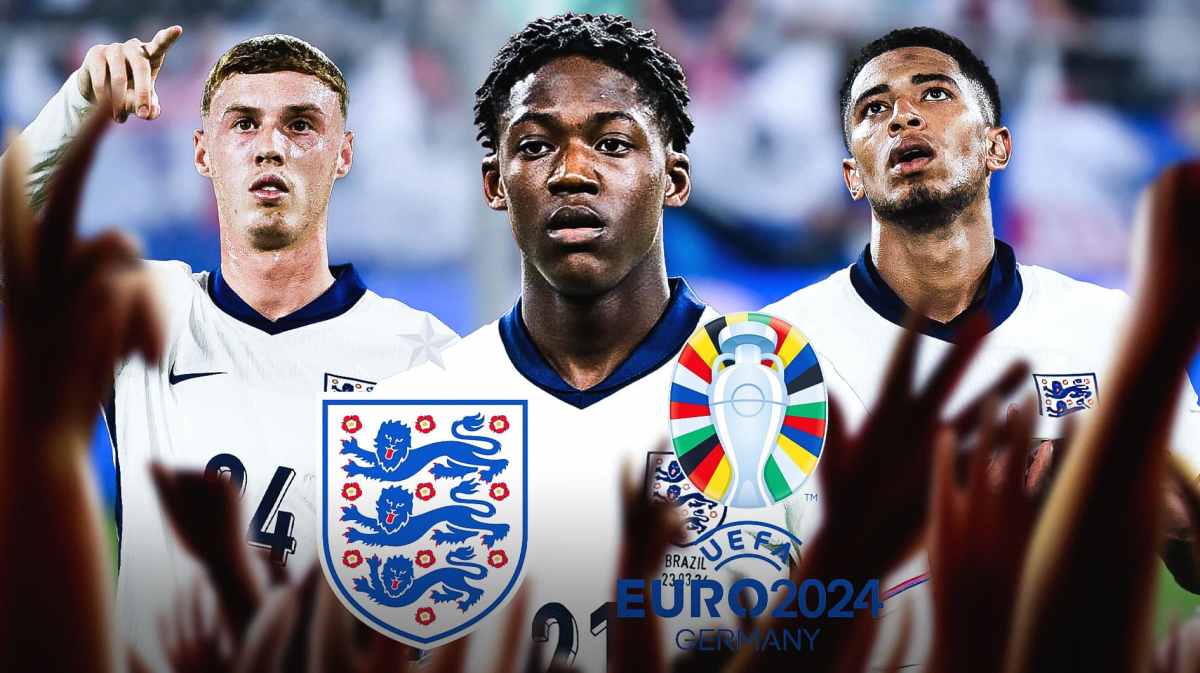 Kobbie Mainoo, Jude Bellingham, Cole Palmer in front of the England team and Euro 2024 logos