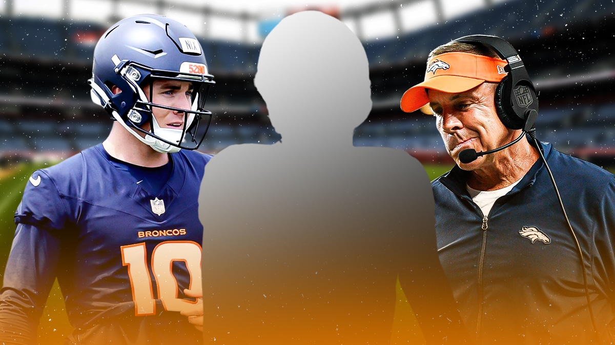 1 Mystery player in the middle, Marvin Mims Jr and coach Sean Payton around him, Denver Broncos wallpaper in the background
