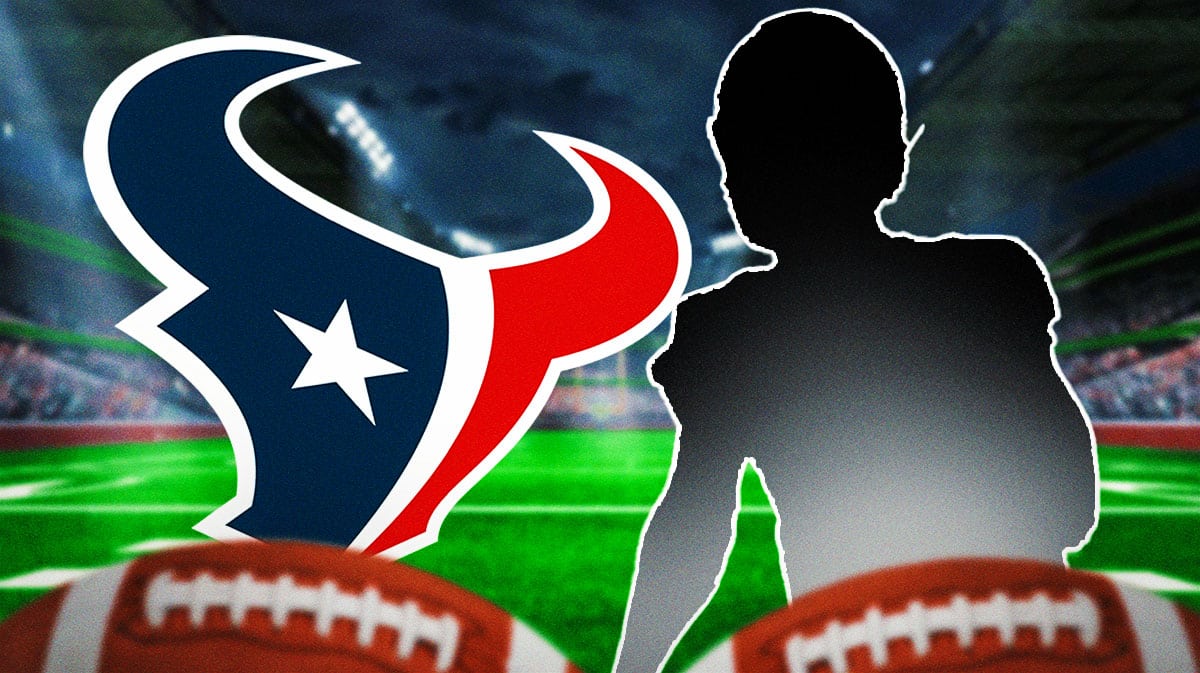 One silhouetted Houston Texans player in image, Houston Texans logo, football field in background