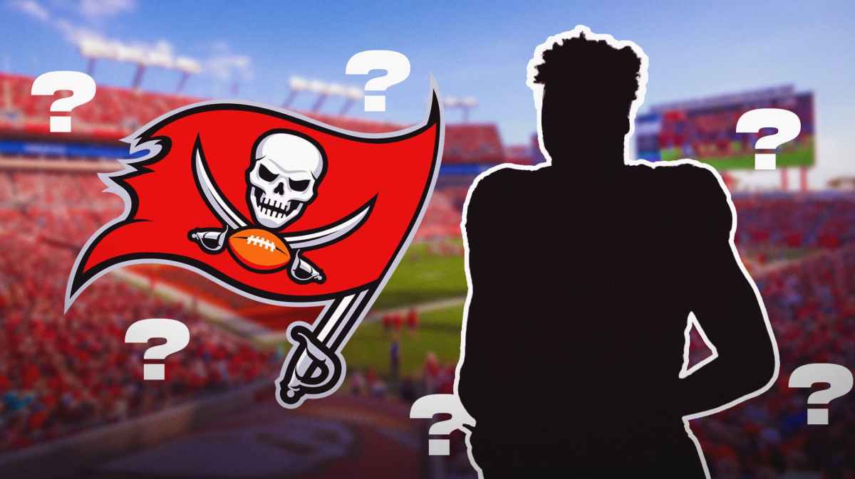 Tampa Bay Buccaneers logo on left side, blank player silhouette on right side, question marks surrounding the logo and silhouette, Raymond James Stadium in background