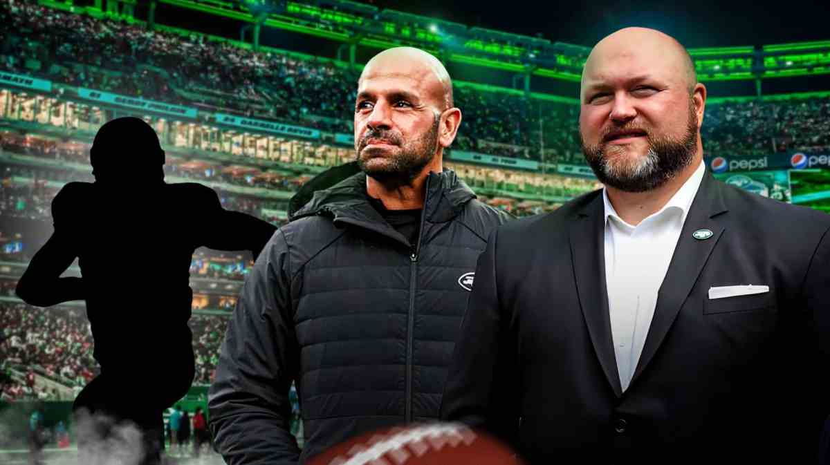 Robert Saleh and Joe Douglas in Jets gear with big eye emojis next to silhouette