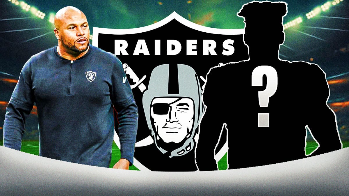 Las Vegas Raiders head coach Antonio Pierce with a silhouette of an American football player with a big question mark emoji inside. There is also a logo for the Las Vegas Raiders.